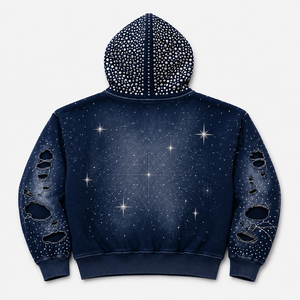 Custom Oversized Distressed & Rhinestone Zipper Hoodie Trendy Style Washed Boxy Fit 100% Cotton Fabric Hoodie For Unisex Wear - Product Image 2