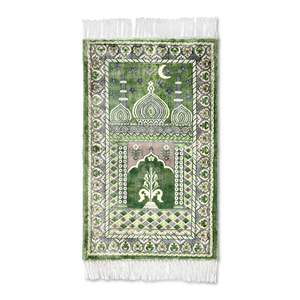 Alfombra de Oración Musulmana Verde de Lujo, Alfombra Islámica para Mezquita, Alfombra de Terciopelo Suave para Oración, Sajjadah Decorativa con Flecos y Borlas - Product Image 6