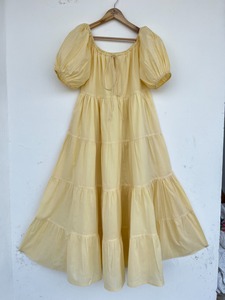 Vestido Maxi de Algodón 100% para Mujer, Color Amarillo Pálido, Manga Corta, Estampado Floral, Silueta en A, con Ribete de Encaje, Lavable, para Verano y Vacaciones - Product Image 5