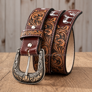 Premium Western Style Floral Hand Tooled Grain Leather <b>Belt</b> for Men & Women with <b>Cowboy</b> Horse & Cross Design Vintage Burgundy Br - Product Image 3