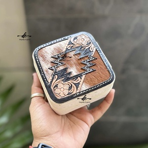 Cowhide Leather Stylish Travel Jewelry Organizer Compact <b>Case</b> Genuine Hand Tooled Leather Accessory Holder Gift Storage - Product Image 1