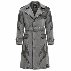 Abrigo Largo de Invierno para Mujer, Color Gris Plateado, Estilo Denim, Doble Botonadura, Adornado con Tachuelas y Pedrería, Manga Larga, Premium, con Cinturón, Resistente al Viento - Product Image 2