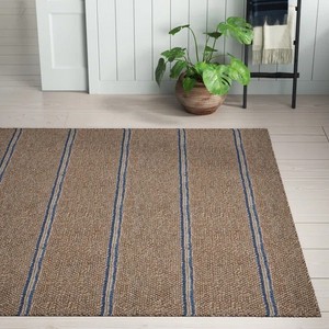 Tapis de salon rectangulaire en jute rayé, tissage plat, écologique, motif marron et bleu, à poils fins - Product Image 3