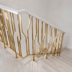 Champagne Gold Geometric Stair <b>Railing</b> With White Handrail Modern Indoor Balustrade For Luxury Villa Stairs - Product Image 2