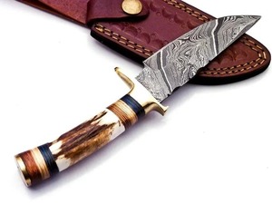 มีดสกินเนอร์เหล็กดามัสกัสแบบสั่งทำพิเศษ ด้ามเขาสัตว์ ใบมีดแบบ Fixed Blade ปลายแหลมตรง พร้อมปลอกหนัง - Product Image 4