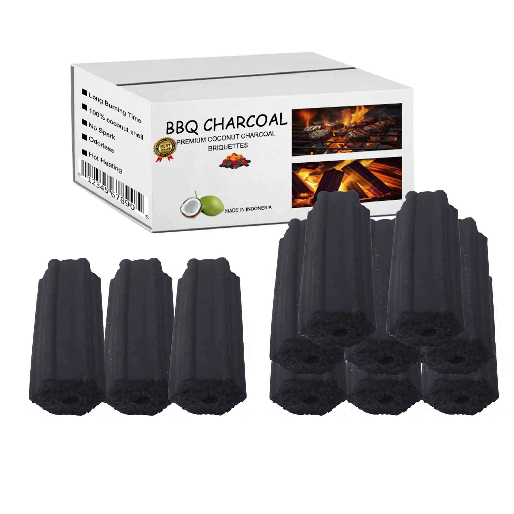 Fabrieksprijs Briketten Zeshoek Zwarte Houtskool Voor Barbecue Premium Bbq Kokosnoot Houtskoolgrill Lage As