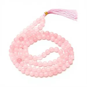 Collier Mala en Quartz Rose Naturel 108 Perles 8mm, Perles de Prière en Pierre Précieuse, Méditation Yoga, Fait Main, Certifié, Pompon, Cadeau Unisexe - Product Image 1