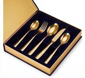 Ensemble de couverts en métal finition martelée dorée, finition mate, design moderne, passe au lave-vaisselle, pour les occasions de mariage - Product Image 6