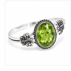 Cut Peridot Silver <b>Bangle</b> <b>Bracelet</b>, 925 Sterling Silver Green Gemstone <b>Bangle</b>, Oval Peridot Statement Jewelry, Women’s Gift - Product Image 1