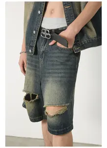 Ripped <b>Men's</b> Denim <b>Shorts</b> 100% Cotton Baggy Oversized Vintage Wash <b>Knee</b> <b>Length</b> Elastic Waist High Waist - Product Image 3