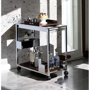 Modern Metal Rolling <b>Storage</b> Cart with Wooden <b>Tray</b> and Shelves Durable Industrial Design Minimalist Style - Product Image 4