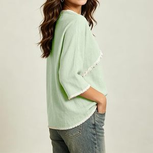 Chemises en coton et lin pour femmes, manches 3/4, blouses rétro en gaze effilochée, hauts à col rond brut, pour tous les jours - Product Image 5