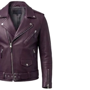 Chaqueta de Motociclista de Cuero Genuino para Hombre, Color Morado, Corte Ajustado, Estilo Casual, con Cierre, Ligera, con Cinturón y Bolsillos - Product Image 4
