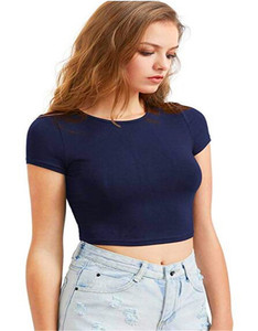 Crop top rouge pour femme, manches courtes, col rond, couleur unie, mélange de coton et de spandex, respirant, séchage rapide, sans couture, ajusté, pour le yoga - Product Image 2