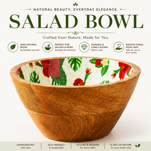 Bol à salade en bois de manguier artisanal de qualité supérieure avec intérieur en émail floral |   Bol de service décoratif pour fruits, collations, cuisine, salle à manger - Product Image 2