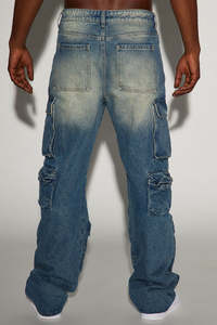 Pantalones Cargo de Mezclilla Lavada para Hombre, Corte Holgado, Cintura Media, Estilo Urbano, Tela de Algodón con Múltiples Bolsillos, para Otoño - Product Image 3