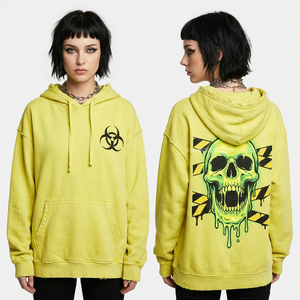 Sweat-shirt à capuche vert lime néon en gros avec imprimé symbole biohazard, motif crâne fondant et fond motif ruban de signalisation de danger - Fournisseur - Product Image 1