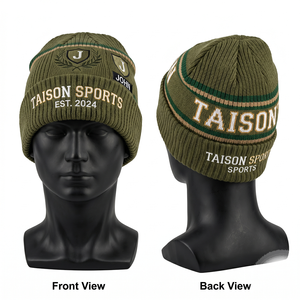 Premium 320 GSM Acrylic Knit Rugby Beanie Khaki Green Maroon Stripe Cuffed Custom Embroidery Woven Label - Product Image 4