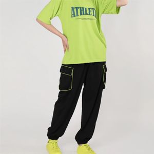 T-shirt décontracté en coton tricoté à manches courtes et col rond pour femme, coupe ample, imprimé athlétique vert lime, printemps-été - Product Image 3
