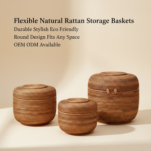 ตะกร้าเก็บของหวายธรรมชาติทรงกลมแบบยืดหยุ่น ทำด้วยมือ เป็นมิตรกับสิ่งแวดล้อม สำหรับตกแต่งบ้าน ซักผ้า ห้องนั่งเล่น ขายส่ง - Product Image 5