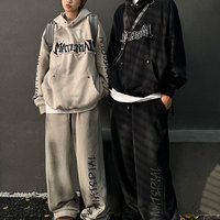 Sweat à capuche en polaire pour homme, style automne, effet vieilli, avec perles, broderie au point de chaînette, motifs imprimés numériquement et sérigraphiés, poche personnalisée
