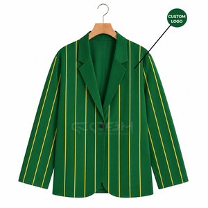 Blazer vert rayé à manches longues, col cranté, bouton unique, en tissu tissé anti-rides, de la sororité Cosh International. - Product Image 5