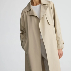 Beige Long Bomber Jacket <b>Belt</b> Notched Collar Full Sleeve Casual Waterproof Double Breasted All Seasons <b>Woven</b> Polyester Women's - Product Image 3