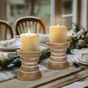 Wood <b>Candle</b> Holder <b>Set</b> of 2 Rustic Round Pillar <b>Candle</b> Stand for Home Decoration Natural Timber Finish - Product Image 5