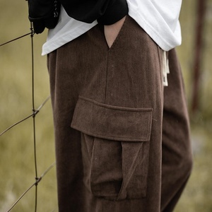 Men's Brown Corduroy Cargo Pants <b>Elastic</b> Waist Wide Leg Multiple Pockets Casual Autumn Style - Product Image 5