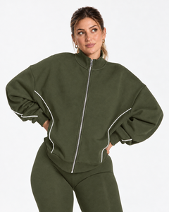 <b>Women's</b> Contrastline Full Zip Tracksuit Two Piece Casual Outfit Relaxed <b>Jacket</b> And Wide Leg Pants Matching Apparel Set Style - Product Image 3