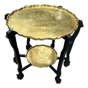 Table marocaine élégante et raffinée de haute qualité, plaquée or, avec dessus rond en métal et pieds en bois, pour la décoration de la maison, de l'hôtel ou du salon - Product Image 4
