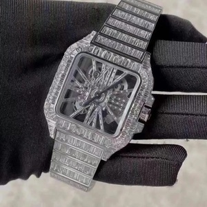 Reloj de Acero Inoxidable con Corte Baguette, Diseño Esqueleto, Cuadrado, Totalmente Cubierto de Piedras, Esfera Transparente, Mecánico, Elegante - Product Image 3