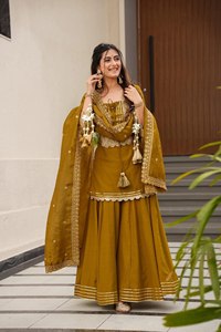 Conjunto Indio-Pakistaní de Seda con Bordado de Mostaza, Kurta Anarkali con Dupatta para Mujer, Traje para Bodas, Fiestas y Diwali - Product Image 3