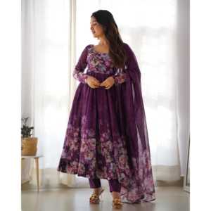 PURE DOUX ENSEMBLE COSTUME ORGANZA ANARKALI ENTIÈREMENT COUDU DKB -261 VIN - Product Image 4