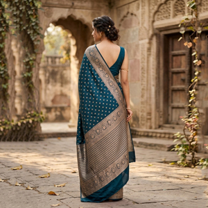 Sari en soie Banarasi vert foncé royal avec broderie Zari or antique |   Sari de mariée traditionnel indien pour fête de mariage, sans plis - Product Image 3