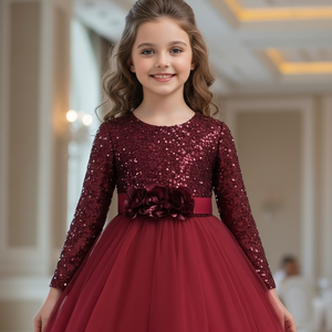 Vestido de niña de flores de alta gama con lentejuelas, bordado de terciopelo azul marino, vestido formal de noche para niños, vestido de fiesta de cumpleaños color granate - Product Image 5