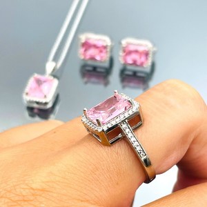 Handmade 925 Sterling <b>Silver</b> Pink Quartz Jewelry <b>Set</b> <b>Ring</b> Earrings Necklace Natural Crystal Elegant Gift For Women - Product Image 5