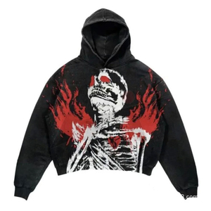 Sudadera con capucha negra de moda, estilo crop, con estampado de calavera gótica y lavado ácido, unisex, de manga larga, estilo vintage, para streetwear. - Product Image 1