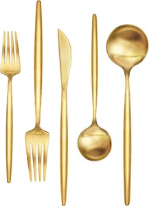 Ensemble de couverts en acier inoxydable plaqué or, finition miroir, luxe, fourchette, couteau, cuillère, style occidental, kit de 4 pièces - Product Image 1