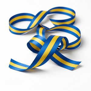 Cinta de Raso Satinada de 25 mm con Franja Central Azul y Amarilla al por Mayor para Envoltura de Regalos, Arreglos Florales, Embalaje Decorativo y Suministros para Manualidades - Product Image 1