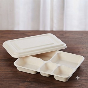 Plateau alimentaire blanc anti-fuite 5CP en bagasse de canne à sucre avec couvercle, biodégradable et compostable, respectueux de l'environnement, fabriqué à partir de fibres de pulpe de canne à sucre - Product Image 5