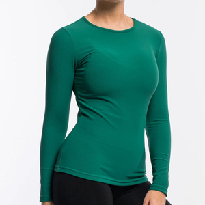 Camiseta Casual de Manga Larga para Mujer, Color Verde Sólido, Cuello Redondo, Tejido de Punto, Ajuste Delgado, Secado Rápido, Venta al por Mayor, Camisetas de Manga Larga en Tendencia, ODM - Product Image 3