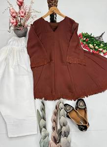 Kurta Túnica Marrón de Manga Larga, Corte Holgado, Largo Midi, Algodón, Ropa Casual Tradicional para Mujer, Estilo India Pakistán - Product Image 4
