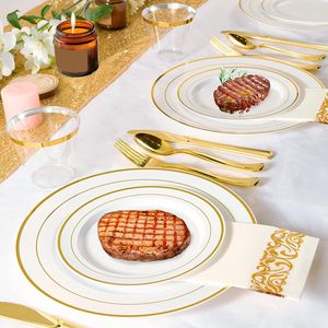 Ensemble de vaisselle jetable de qualité supérieure avec bordure dorée, 175 pièces, pour 25 invités, assiettes, gobelets et couverts en plastique de qualité supérieure pour mariages, anniversaires - Product Image 2