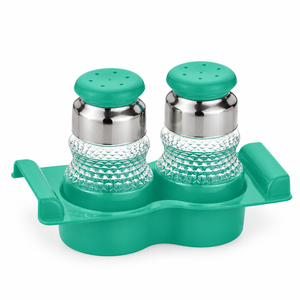 Ensemble de salières et poivrières jaunes écologiques, durables et étanches avec des bouteilles en verre cristallin et un plateau en plastique pour la cuisine - Product Image 2