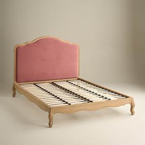 Base de Cama de Madera de Teca Sólida de Lujo con Cabecera Tapizada en Terciopelo Rosa, Estilo Provincial Francés - Product Image 1