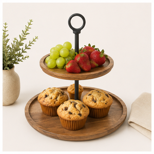 Eco-Friendly 2-Tier Acacia Wood Cake <b>Stand</b> with Matte Black Metal Handle <b>Cupcake</b> Display <b>Stand</b> and Serving Tray for Weddings - Product Image 3