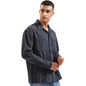 Chemise décontractée en coton satiné vintage pour homme 100% respirante et élégante impression noire tissée lavée pour le confort du printemps et de l'automne - Product Image 1