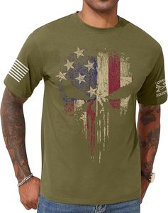 Men's Olive Green Short Sleeve O-Neck T-Shirt With American Flag <b>Skull</b> Print 100% Cotton Jersey Casual Regular Fit - Product Image 1