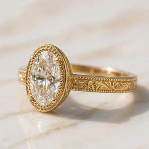 แหวนหมั้นเพชรรูปไข่ 2 กะรัต เพาะเลี้ยงในห้องปฏิบัติการ ทอง 14k ดีไซน์วินเทจลายฉลุแบบอาร์ตเดโค หรูหรา ได้รับการรับรองจาก IGI สำหรับทั้งชายและหญิง - Product Image 2